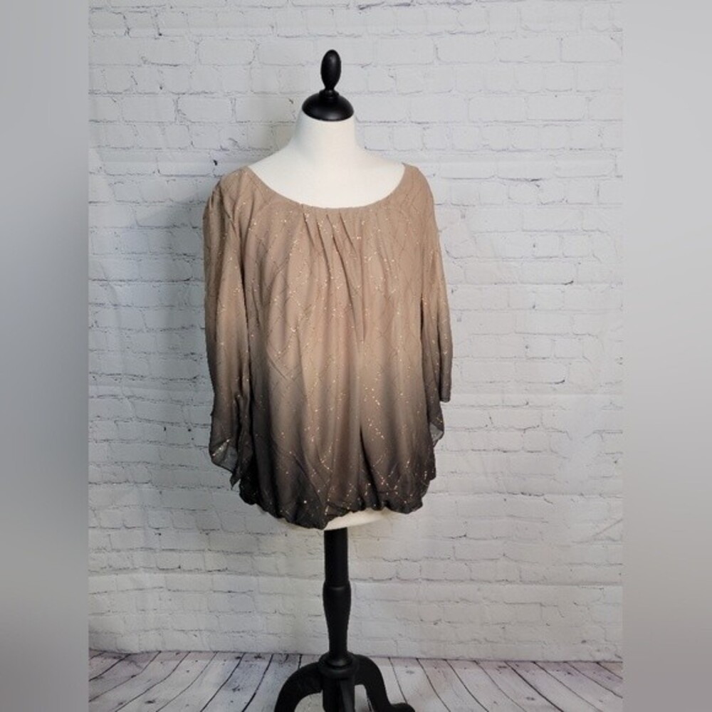 Rebecca Malone Ombre Sequin Blouse Scoop Neck Draped Tan Brown Sz 1X NWT Glam